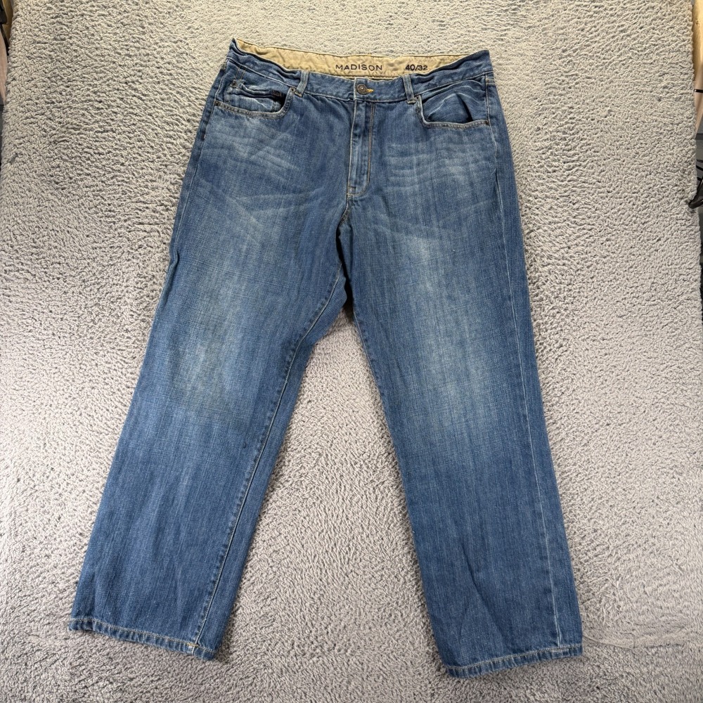 Madison Jeans Mens 40x32 Blue Cotton Denim Straight Leg Travel Workwear Faded